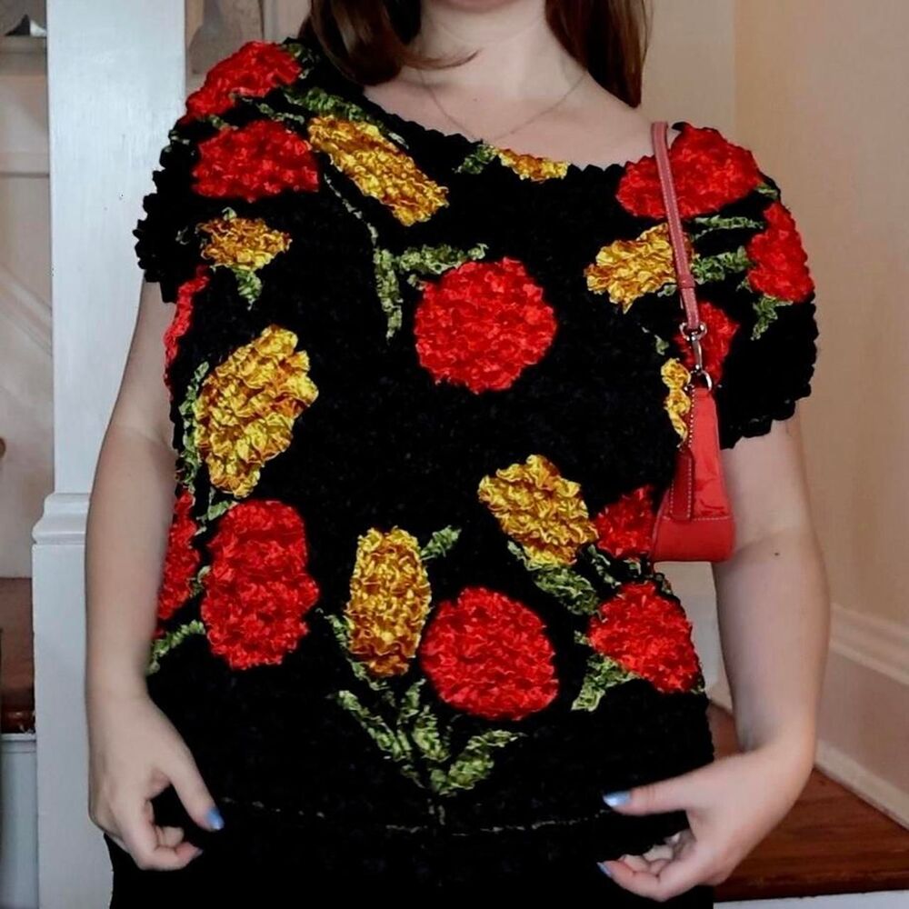 Black Floral Popcorn Textured Short-Sleeve Top with Red & Yellow Blooms